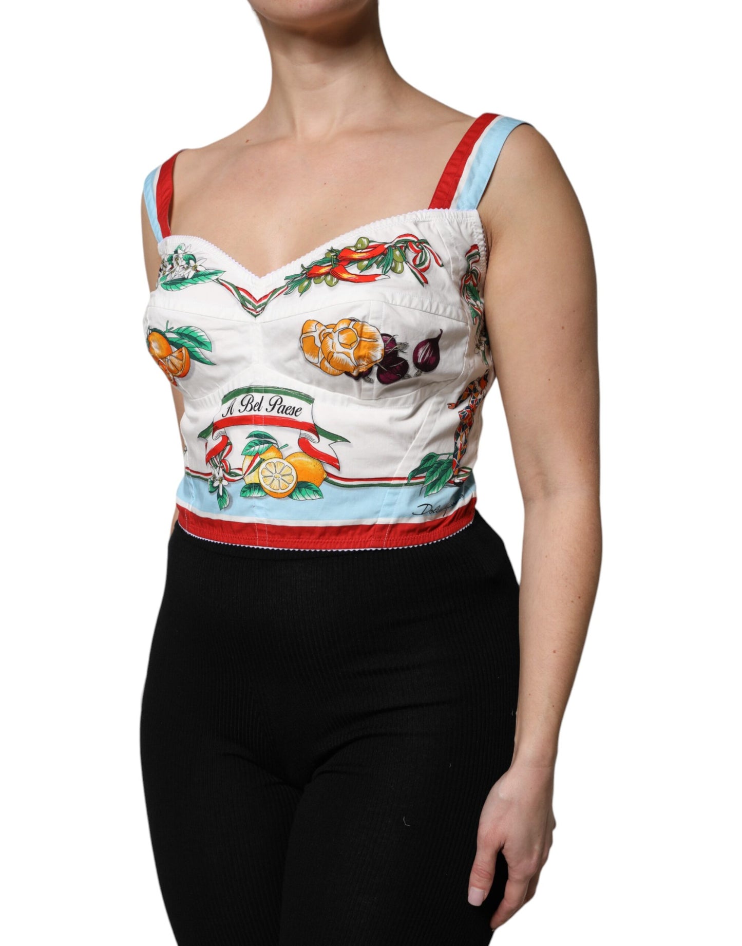 Top corto con escote en forma de corazón y estampado vegetal blanco