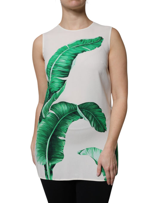 Camiseta sin mangas de cuello redondo con estampado de hojas de plátano blancas
