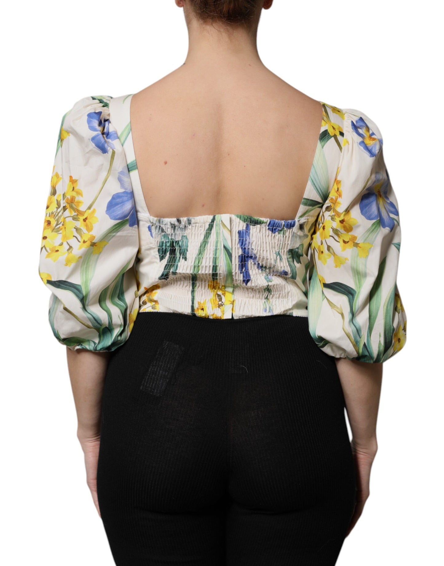 Blusa corta con mangas abullonadas y estampado floral blanco