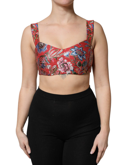 Top tipo corsé con brocado floral rojo