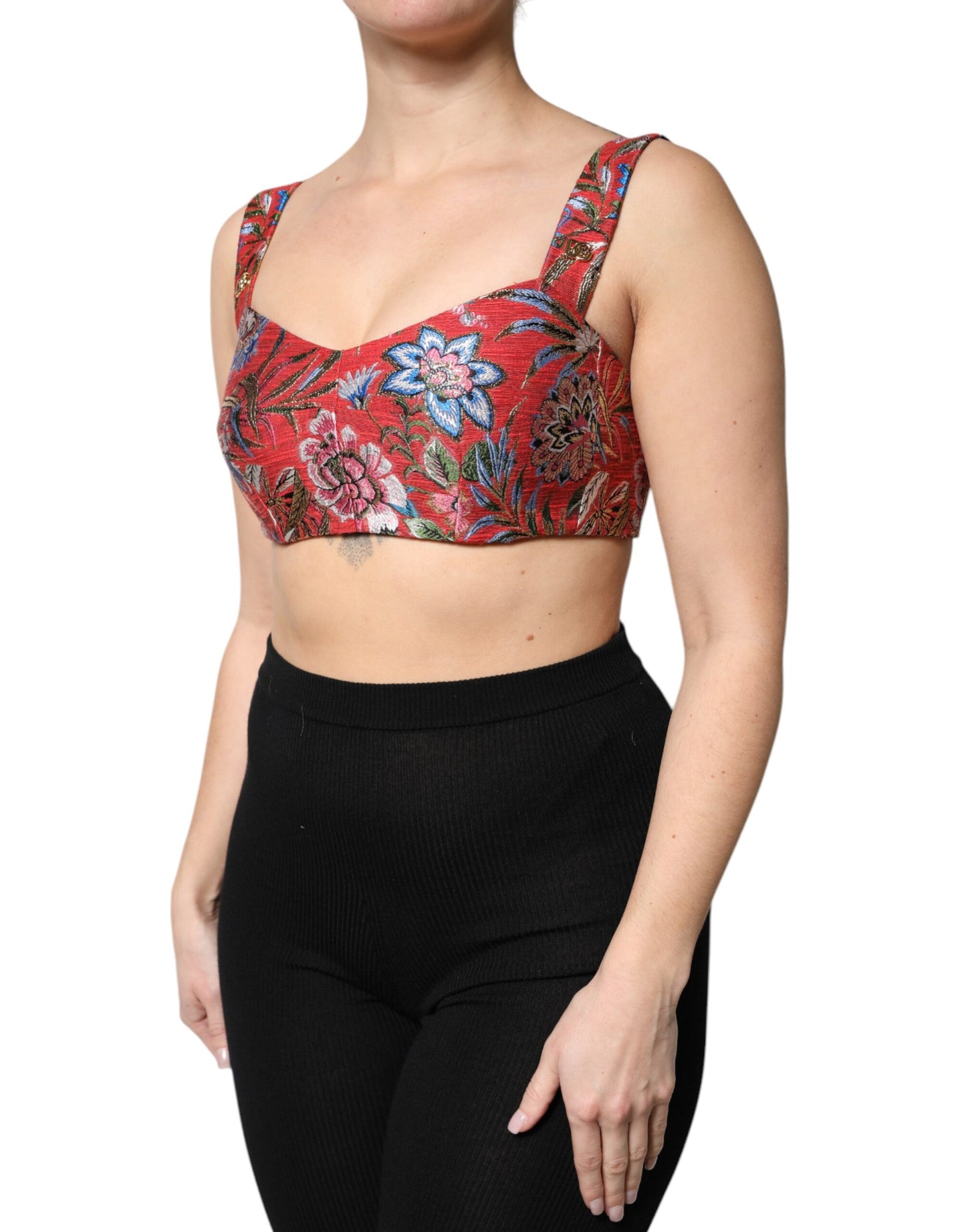 Top tipo corsé con brocado floral rojo