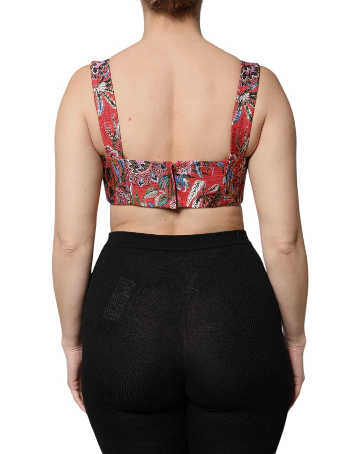 Top tipo corsé con brocado floral rojo