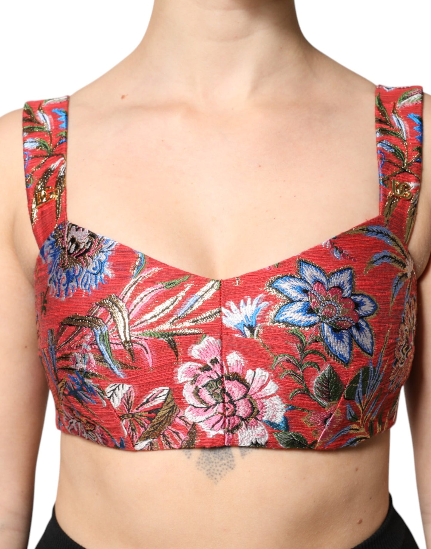 Top tipo corsé con brocado floral rojo