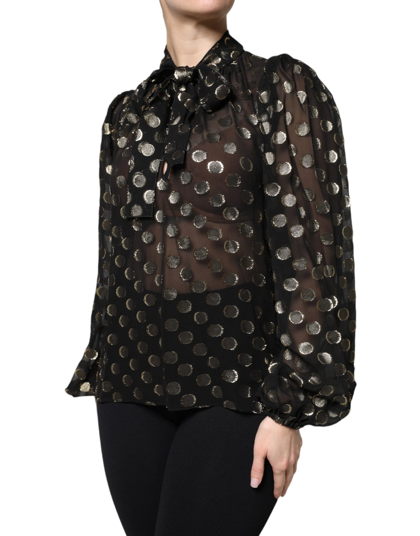 Blusa negra transparente con lunares y cuello anudado