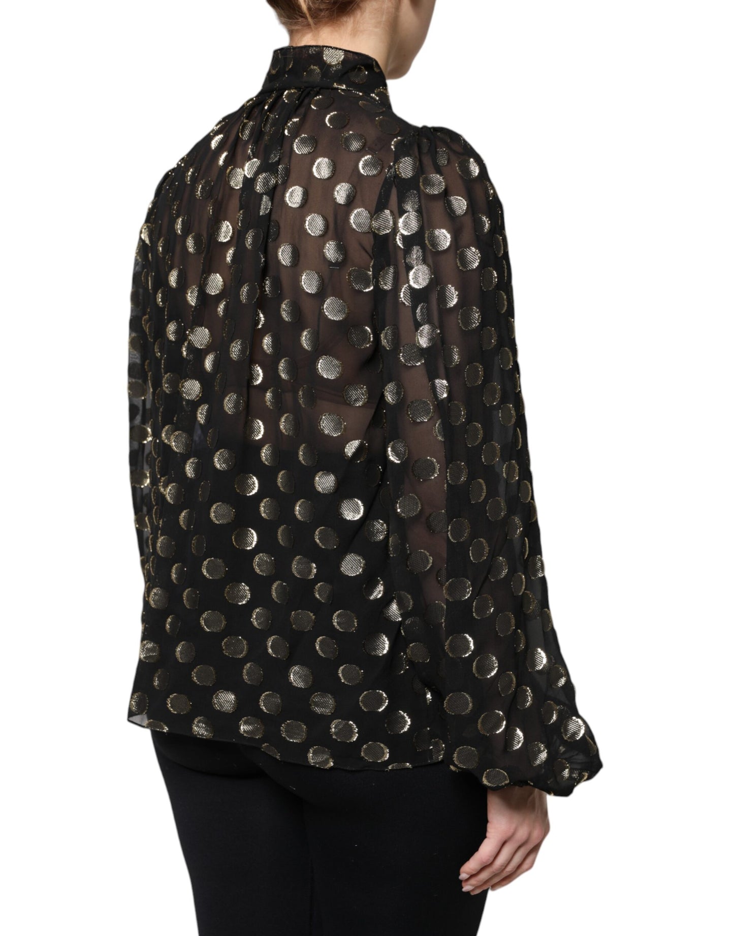 Blusa negra transparente con lunares y cuello anudado