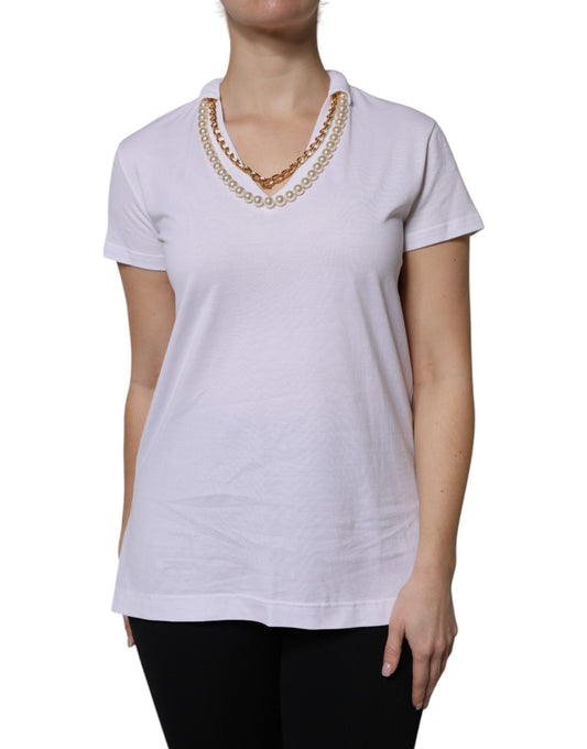 Camiseta de manga corta de algodón con collar blanco
