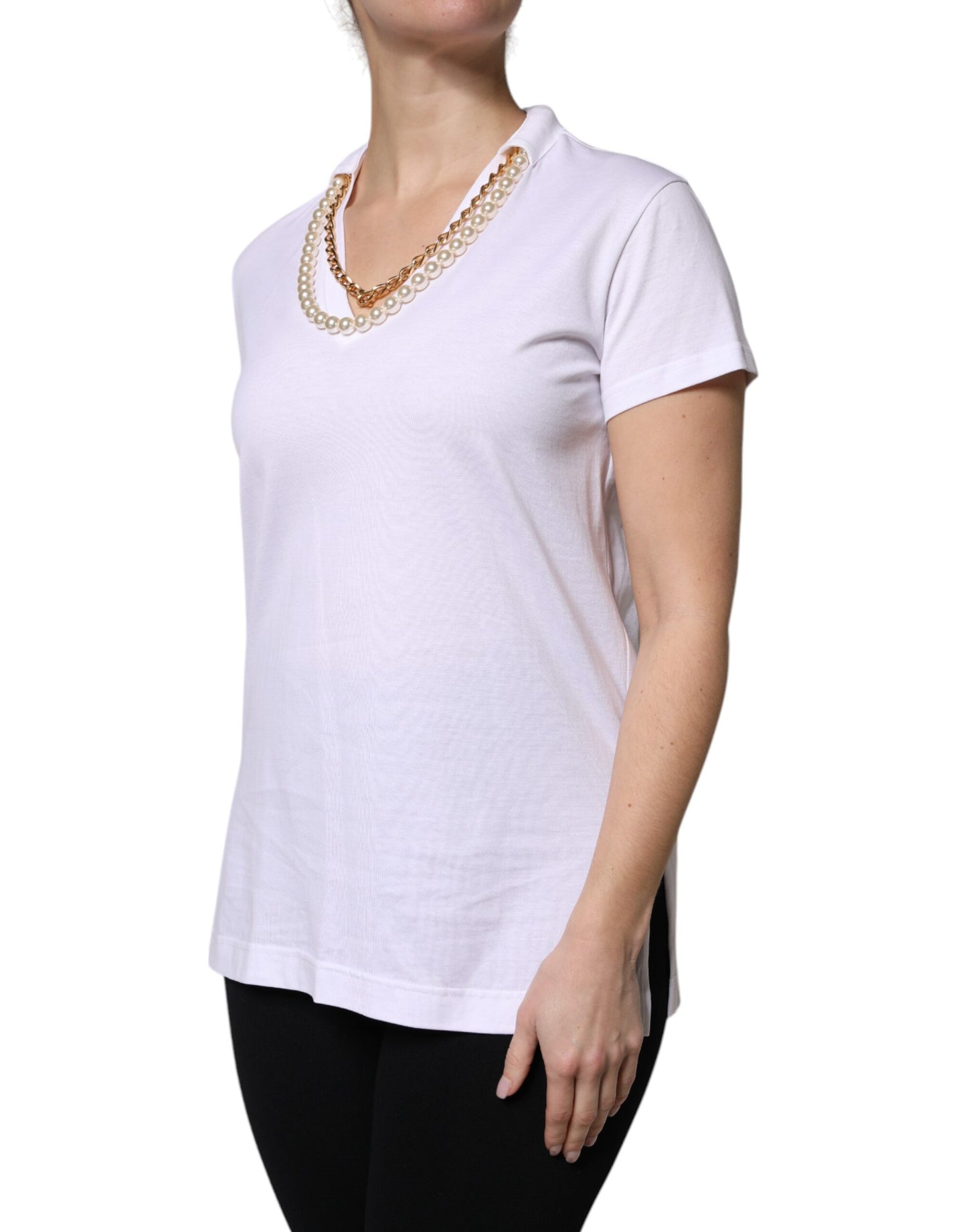 Camiseta de manga corta de algodón con collar blanco
