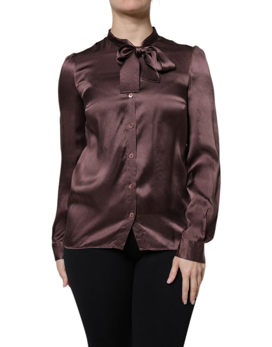 Blusa marrón de manga larga con cuello Ascot