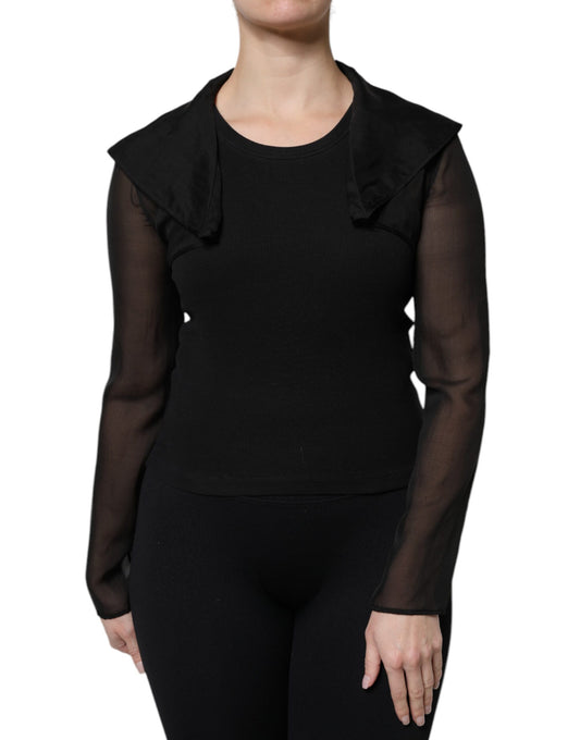 Blusa de manga larga transparente de seda negra