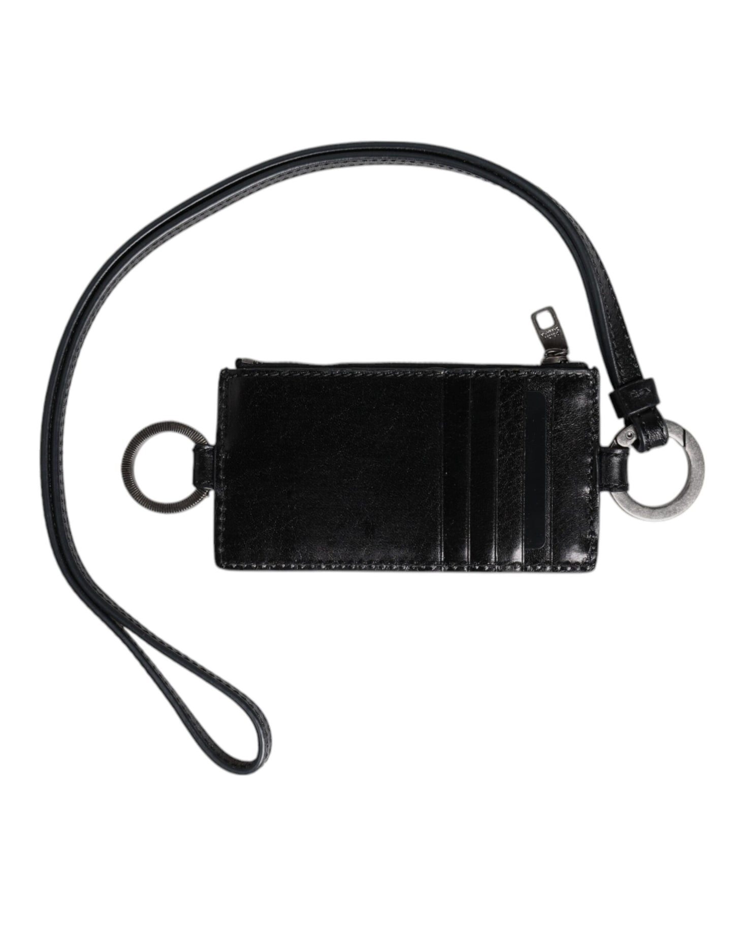 Cartera porta tarjetas con cordón y logotipo en relieve de cuero negro