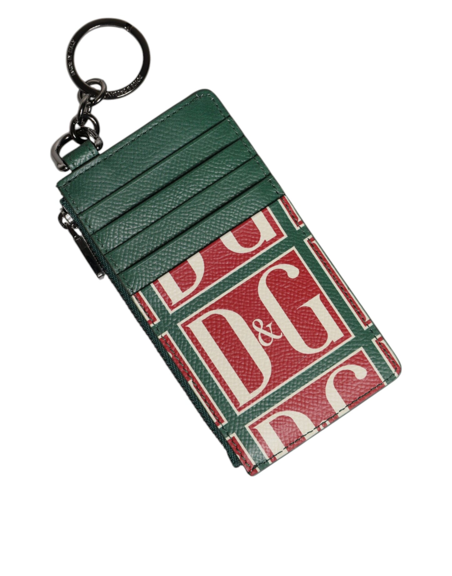 Portefeuille porte-cartes monogramme en cuir de veau vert avec logo imprimé