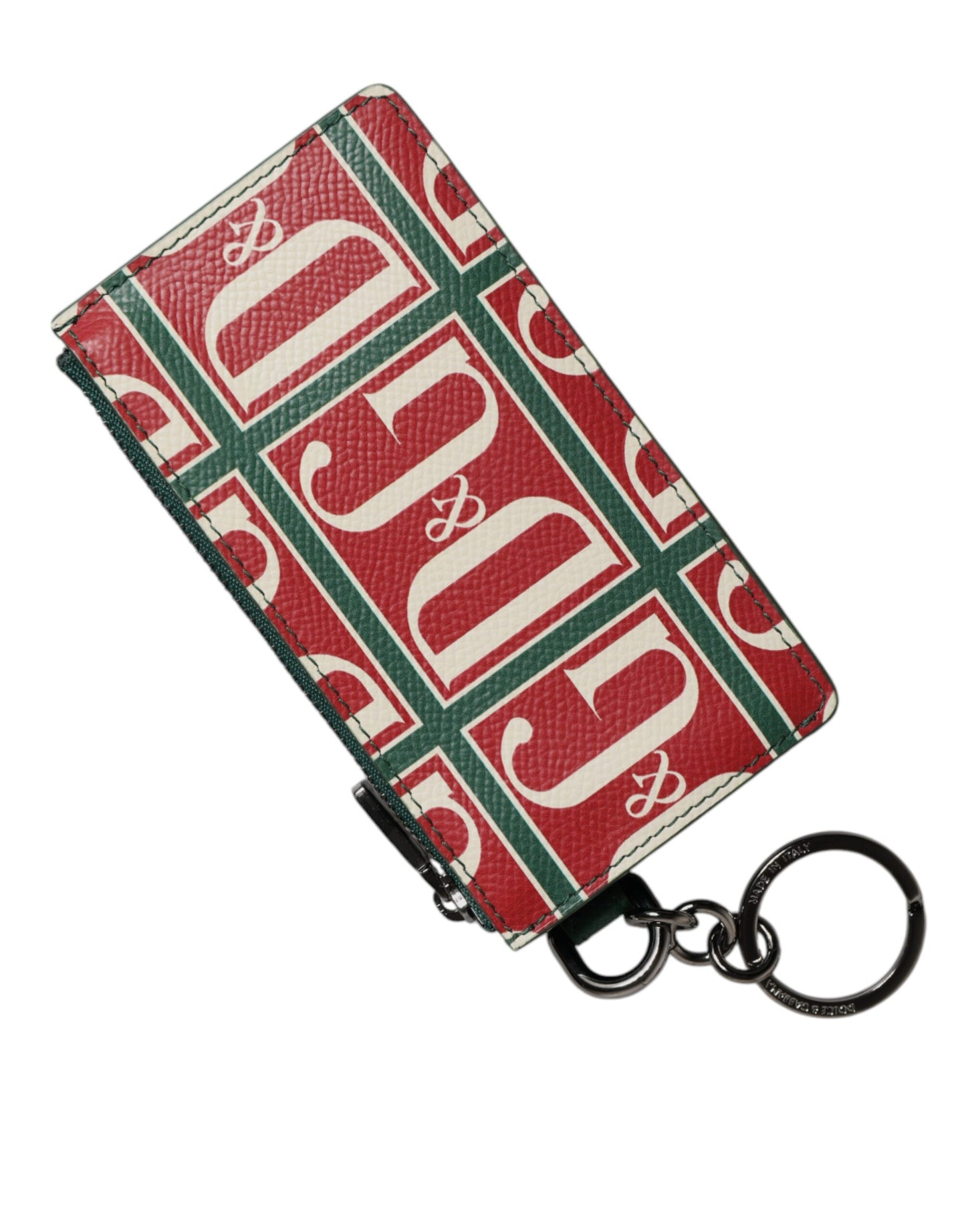 Portefeuille porte-cartes monogramme en cuir de veau vert avec logo imprimé