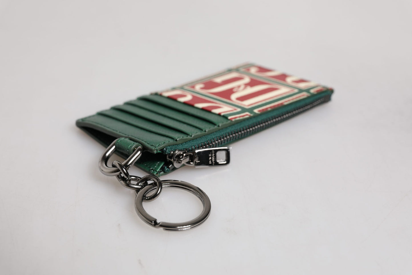 Portefeuille porte-cartes monogramme en cuir de veau vert avec logo imprimé