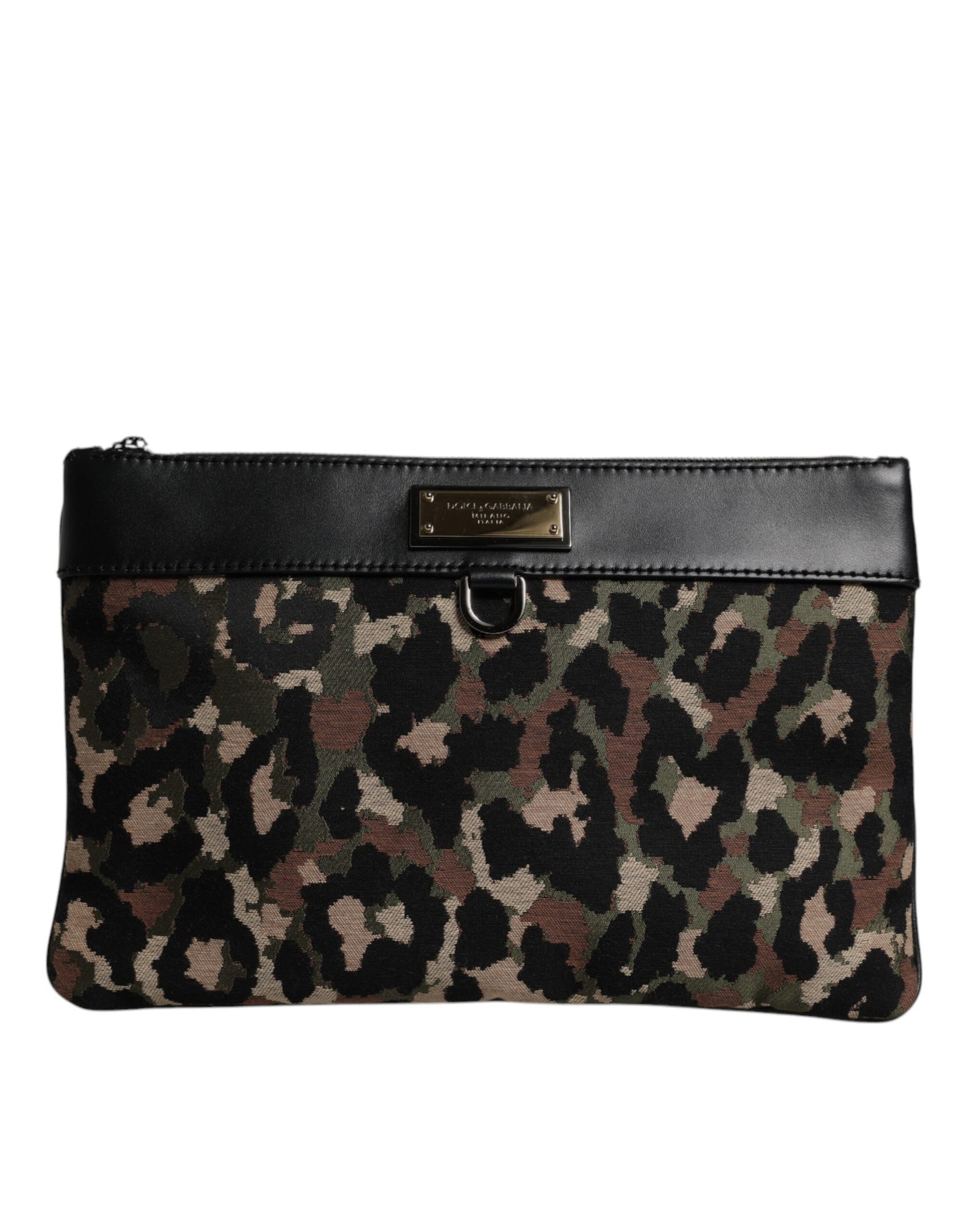 Bolso tipo sobre con placa de logotipo y estampado de leopardo jacquard multicolor
