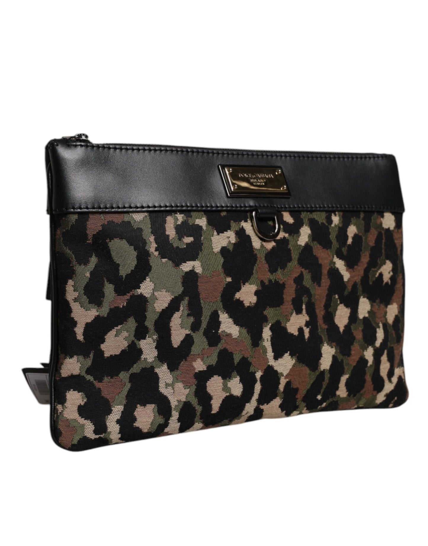 Bolso tipo sobre con placa de logotipo y estampado de leopardo jacquard multicolor