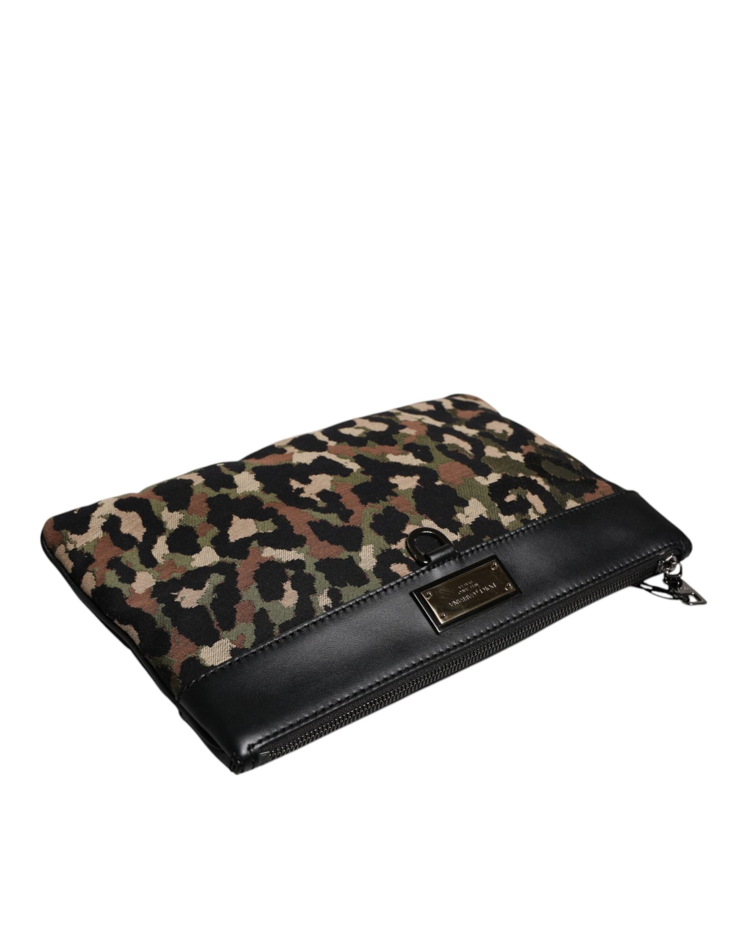 Bolso tipo sobre con placa de logotipo y estampado de leopardo jacquard multicolor