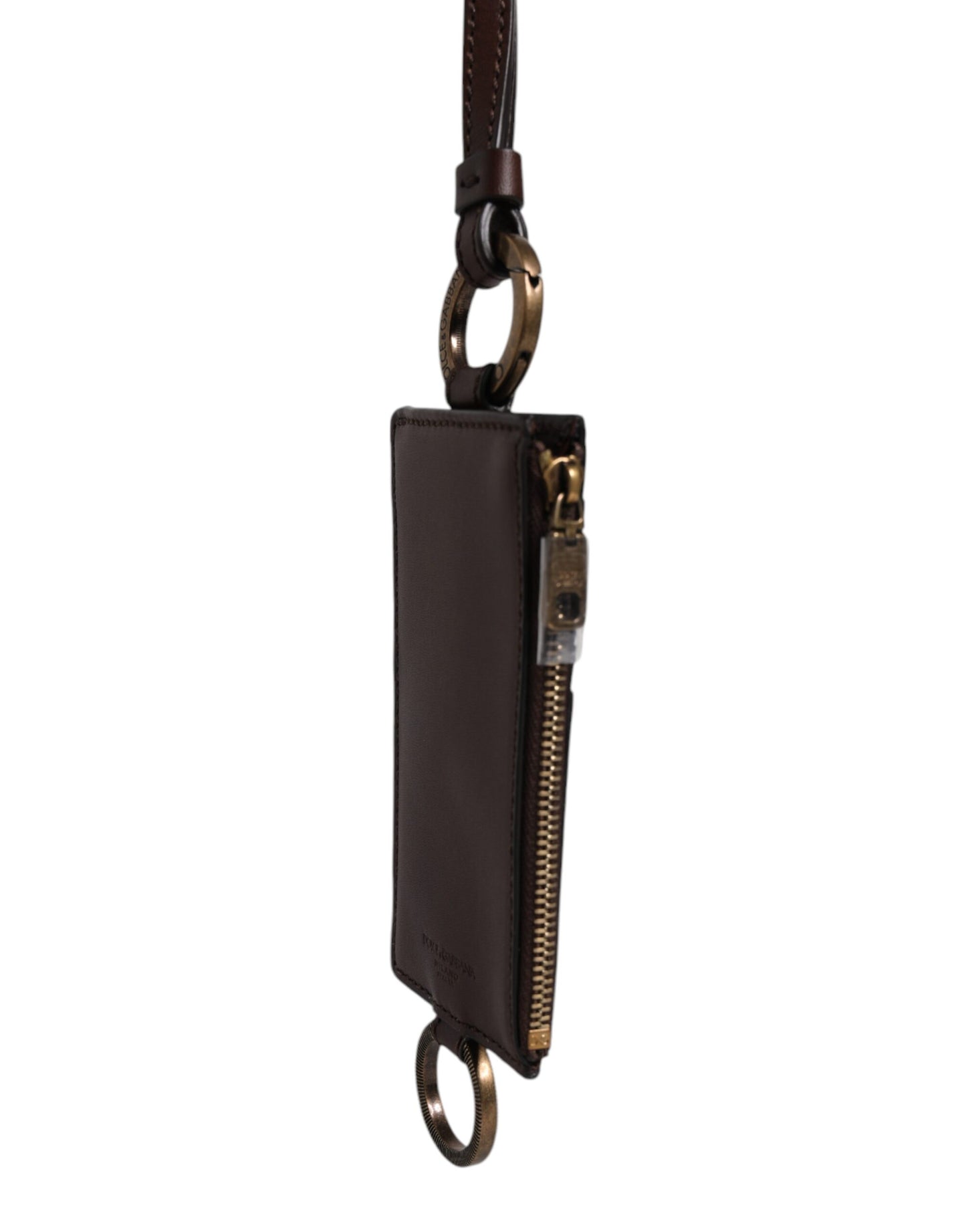 Cartera porta tarjetas con logotipo y cordón de piel de becerro marrón
