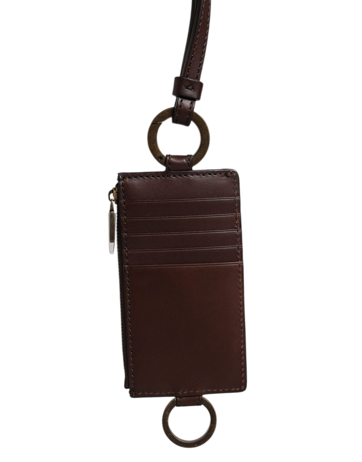 Cartera porta tarjetas con logotipo y cordón de piel de becerro marrón