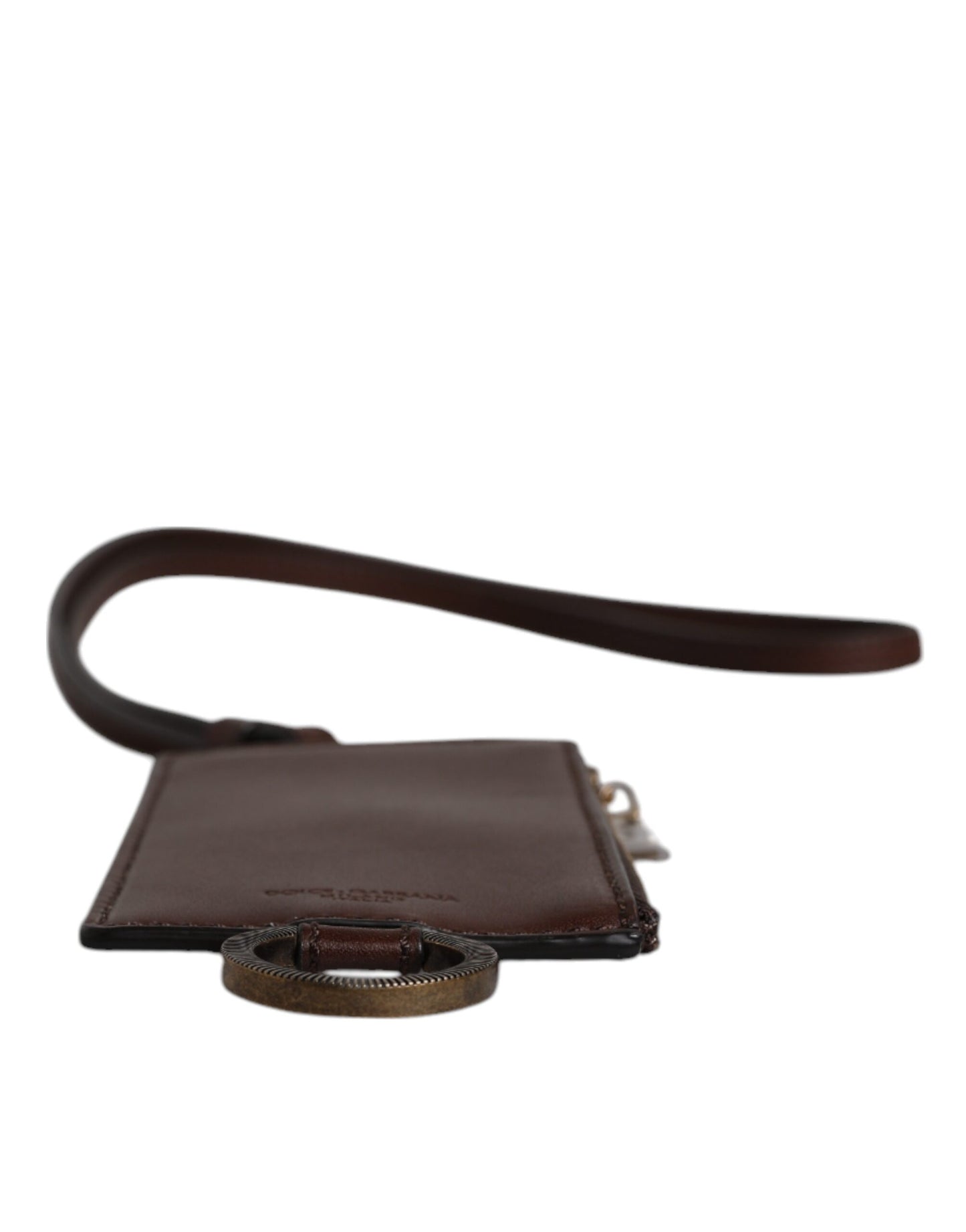 Cartera porta tarjetas con logotipo y cordón de piel de becerro marrón