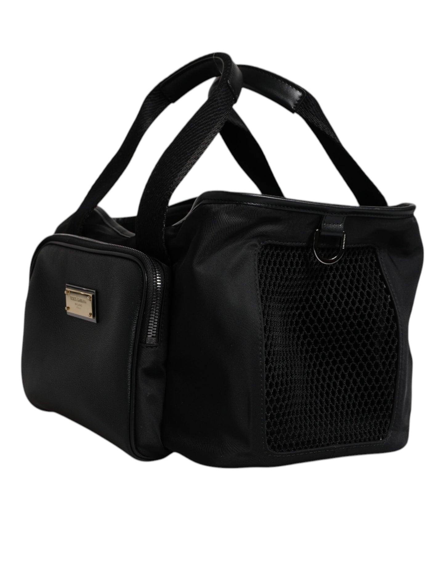 Bolsa para transportar mascotas con placa y logotipo en correa de hombro negra