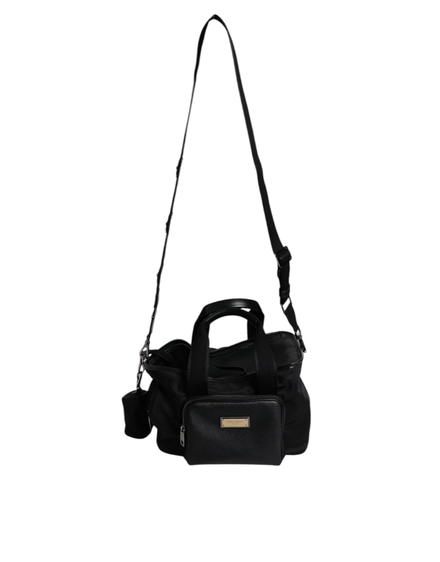 Bolsa para transportar mascotas con placa y logotipo en correa de hombro negra