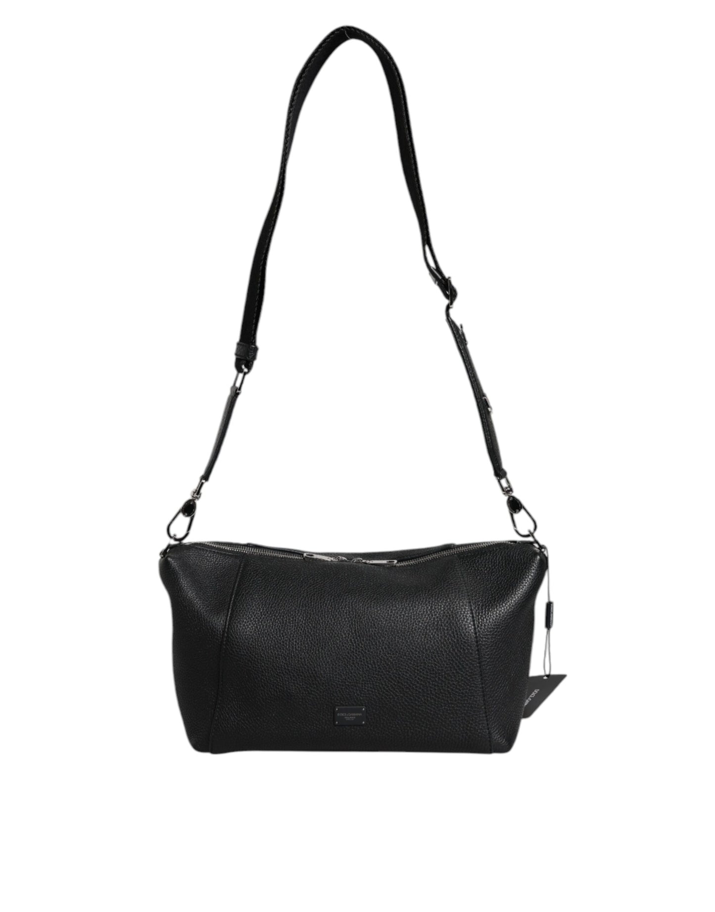 Bolso bandolera de cuero negro con placa del logotipo