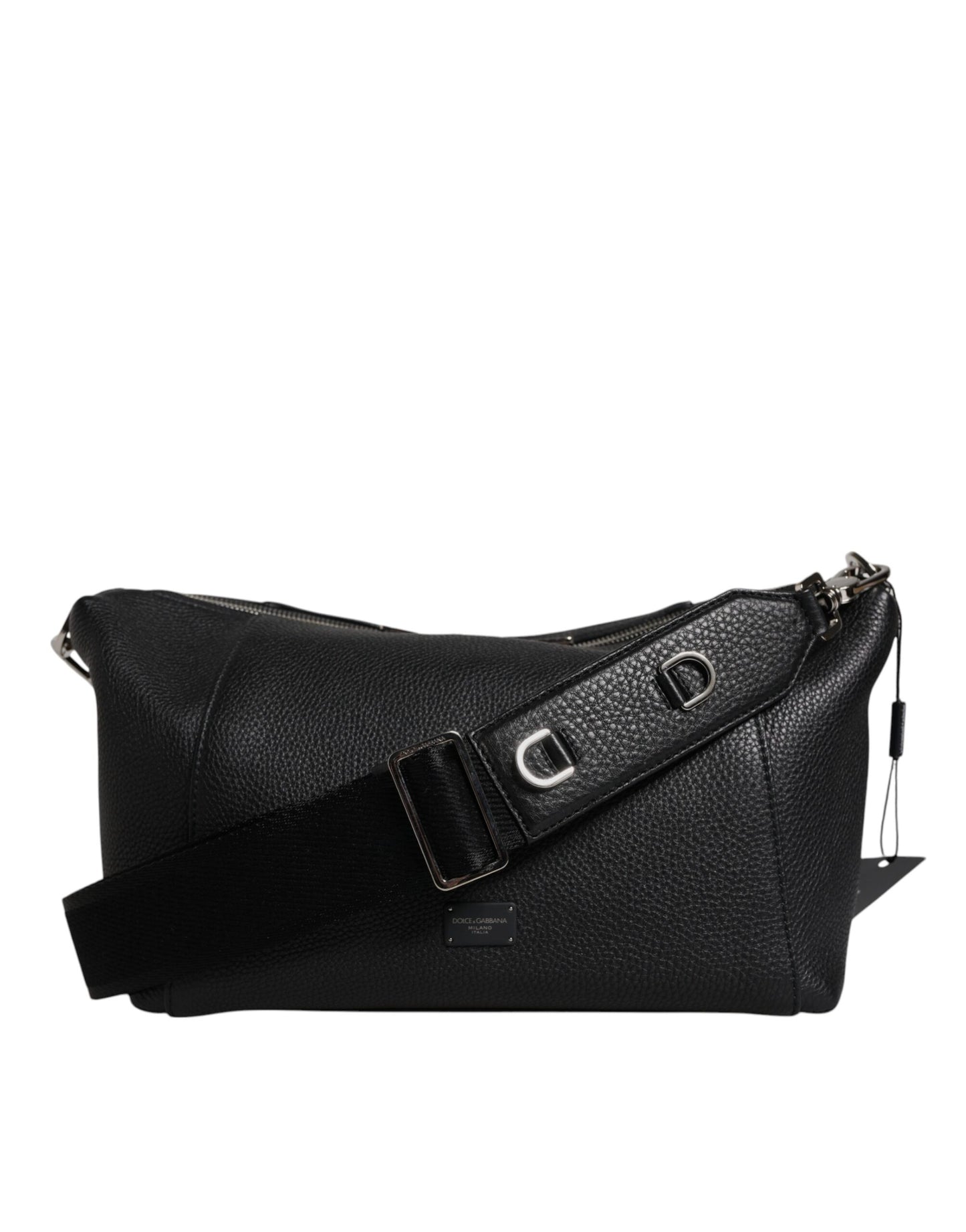 Bolso bandolera de cuero negro con placa del logotipo