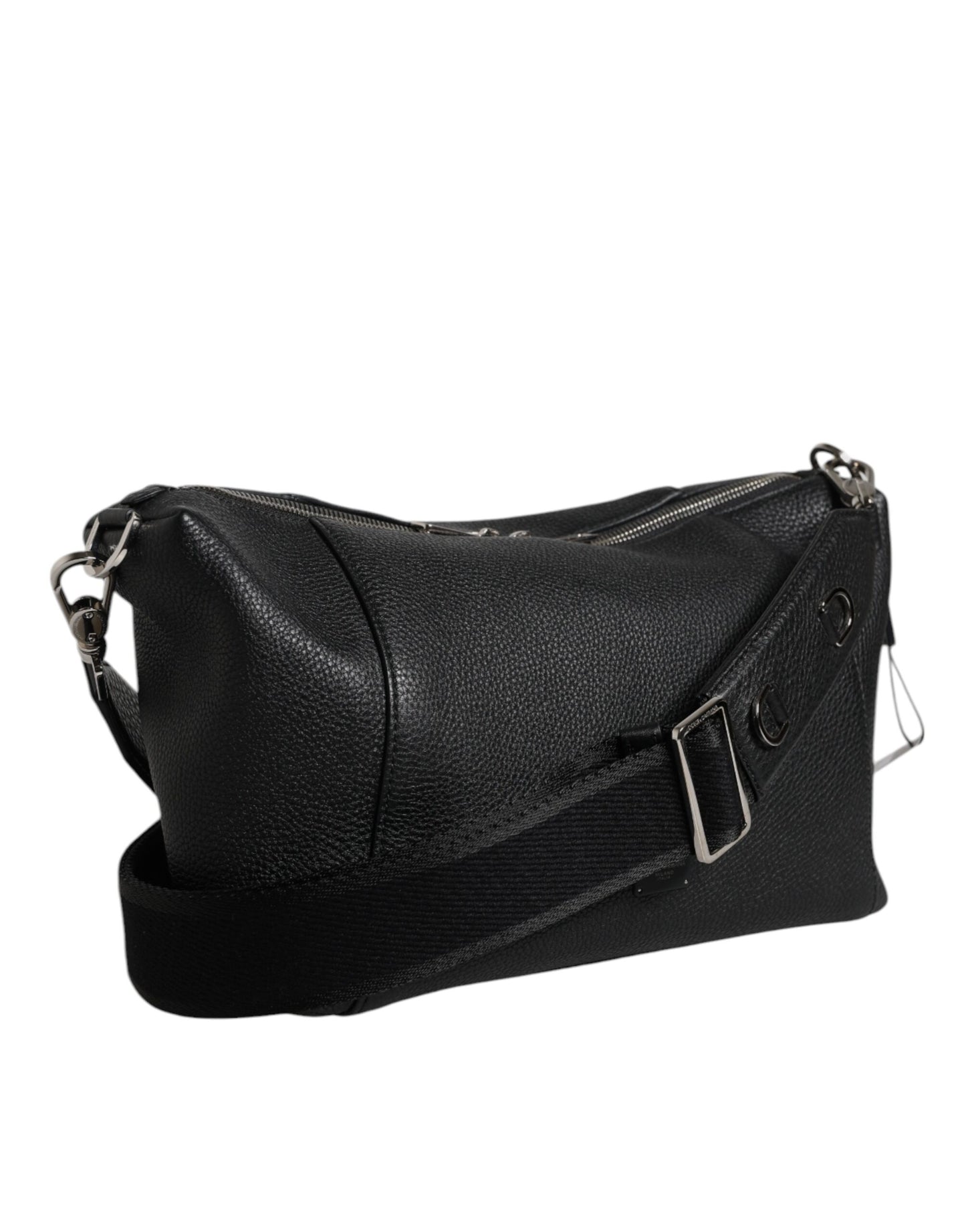 Bolso bandolera de cuero negro con placa del logotipo