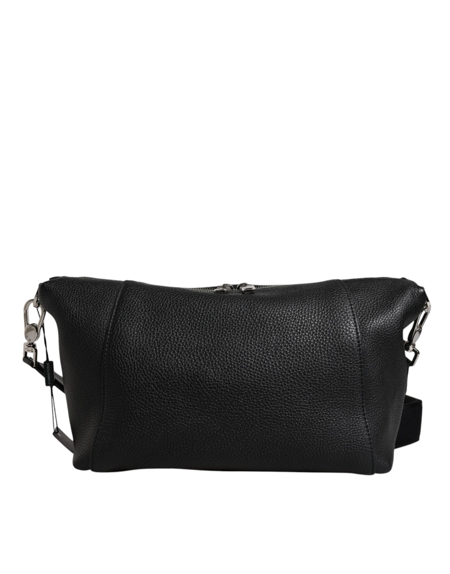 Bolso bandolera de cuero negro con placa del logotipo