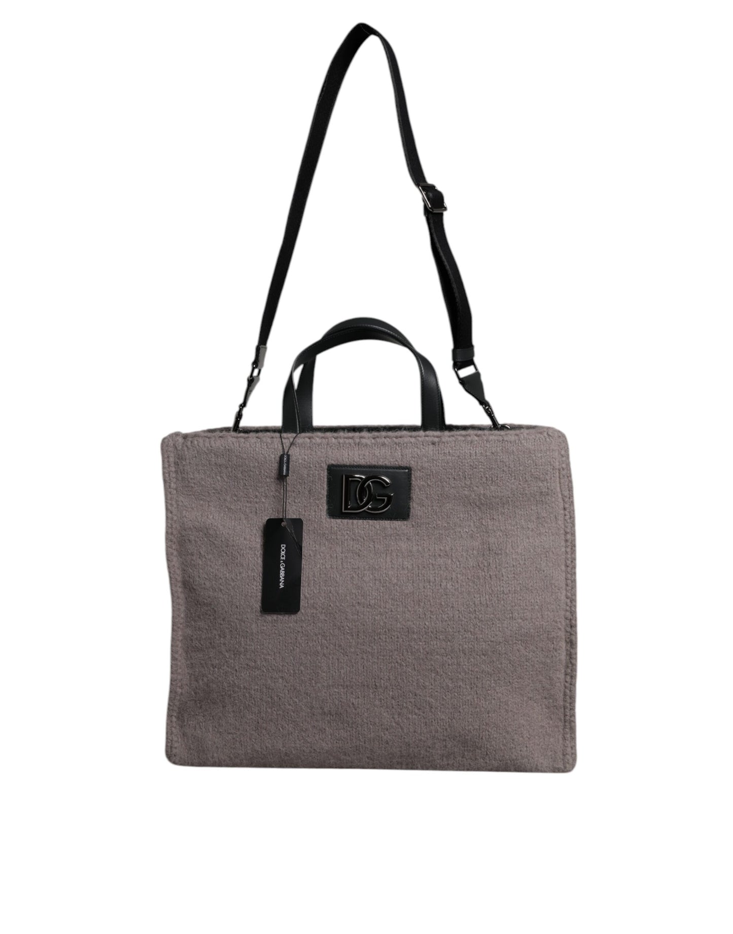 Bolso de hombro tipo tote de lana de alpaca gris con placa del logotipo