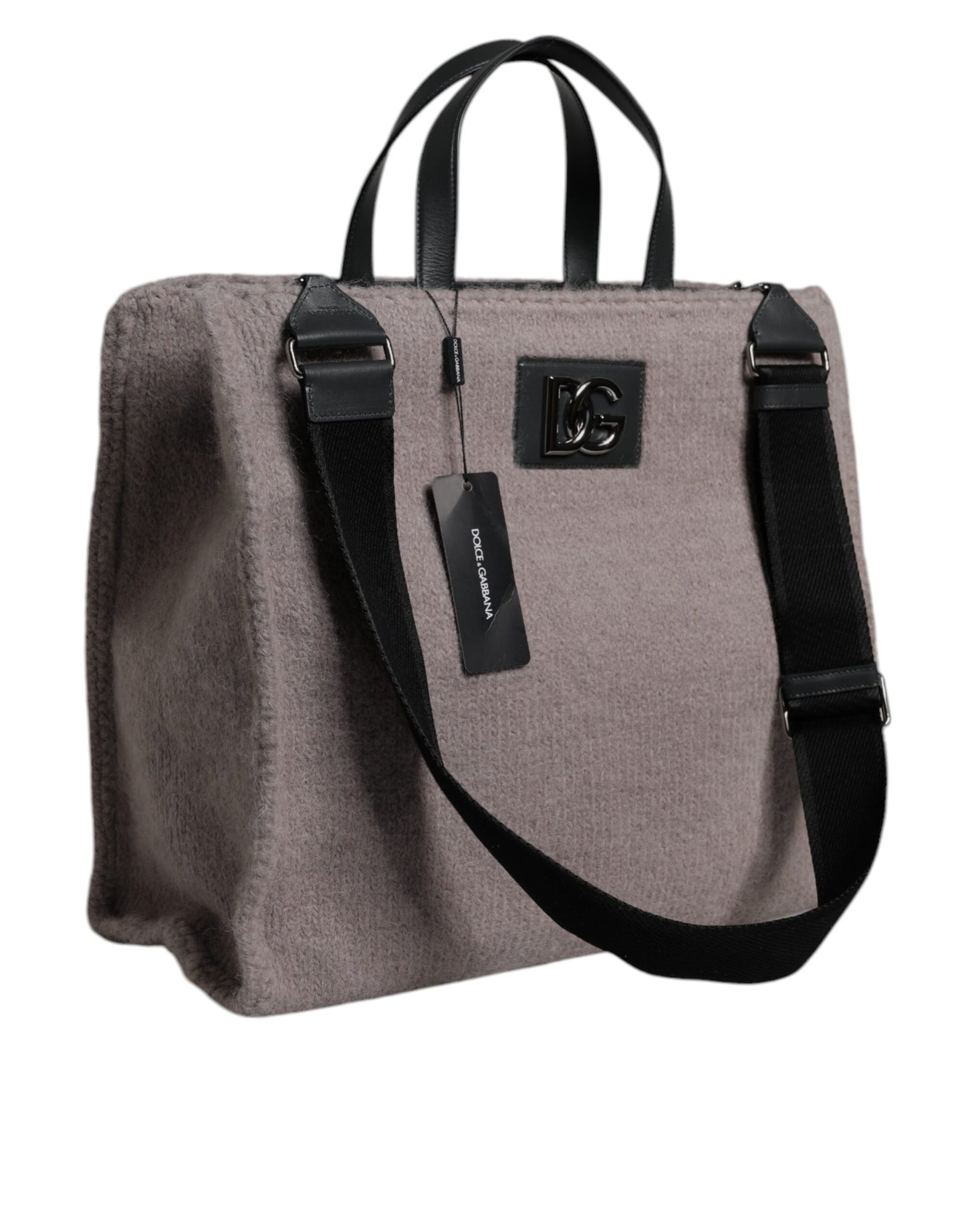 Bolso de hombro tipo tote de lana de alpaca gris con placa del logotipo