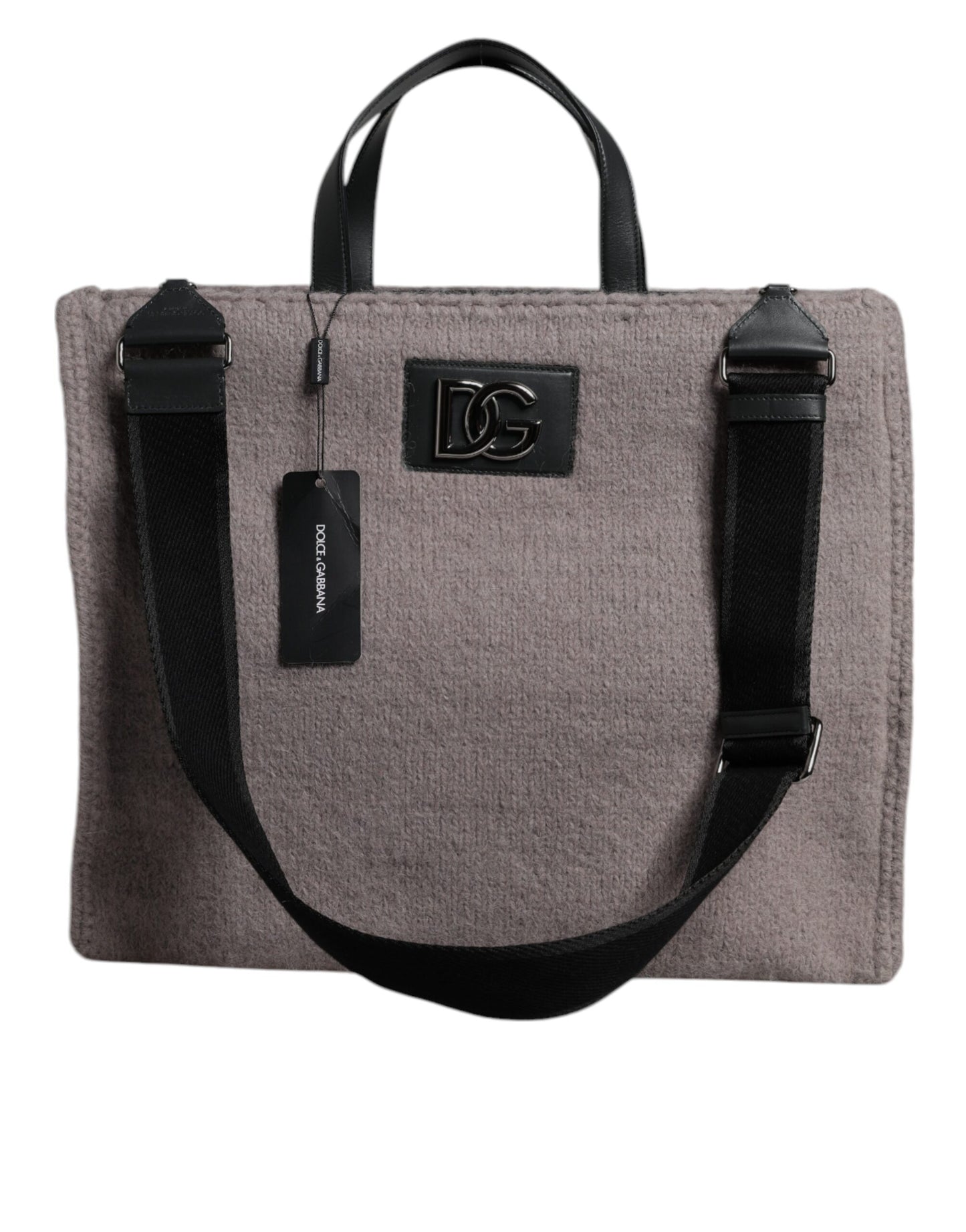Bolso de hombro tipo tote de lana de alpaca gris con placa del logotipo