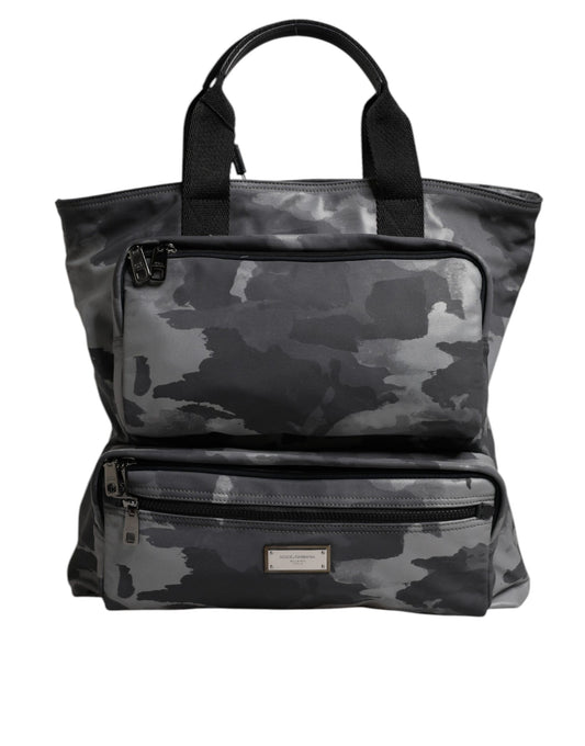 Bolso tote de algodón con múltiples compartimentos y estampado de camuflaje gris