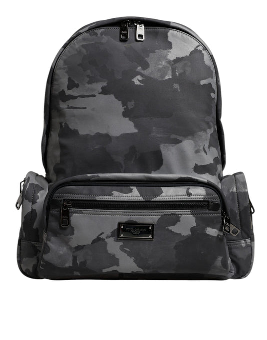 Mochila de algodón gris con placa de logotipo de camuflaje