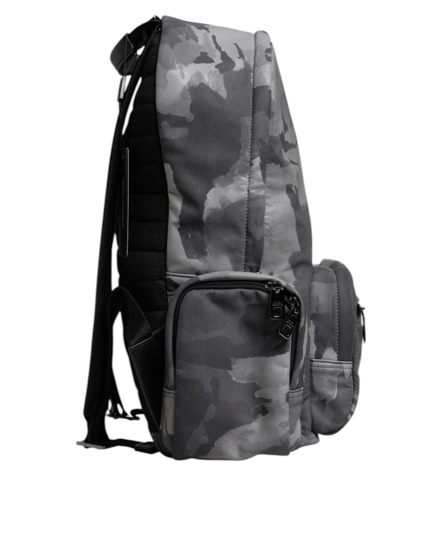 Mochila de algodón gris con placa de logotipo de camuflaje