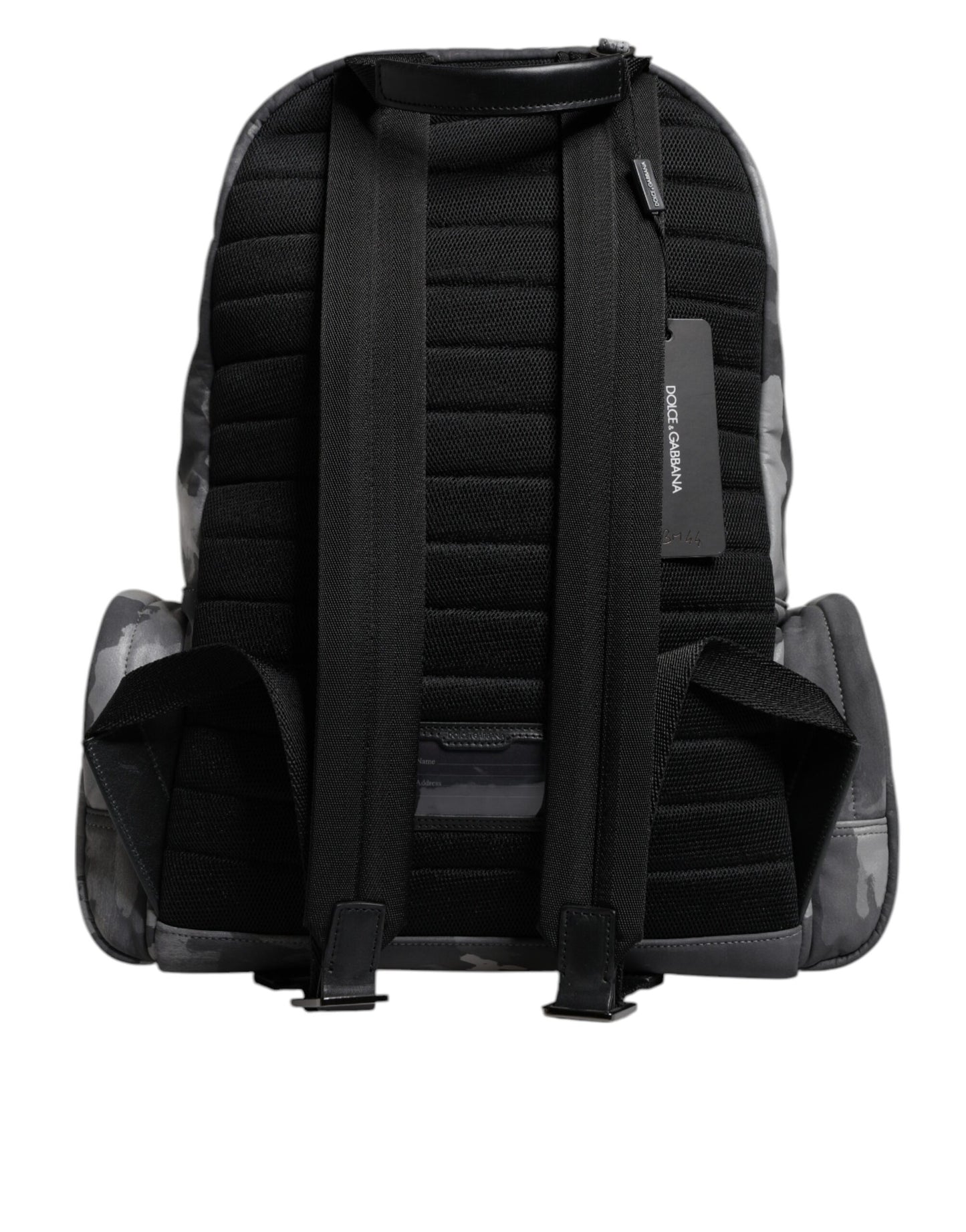 Mochila de algodón gris con placa de logotipo de camuflaje