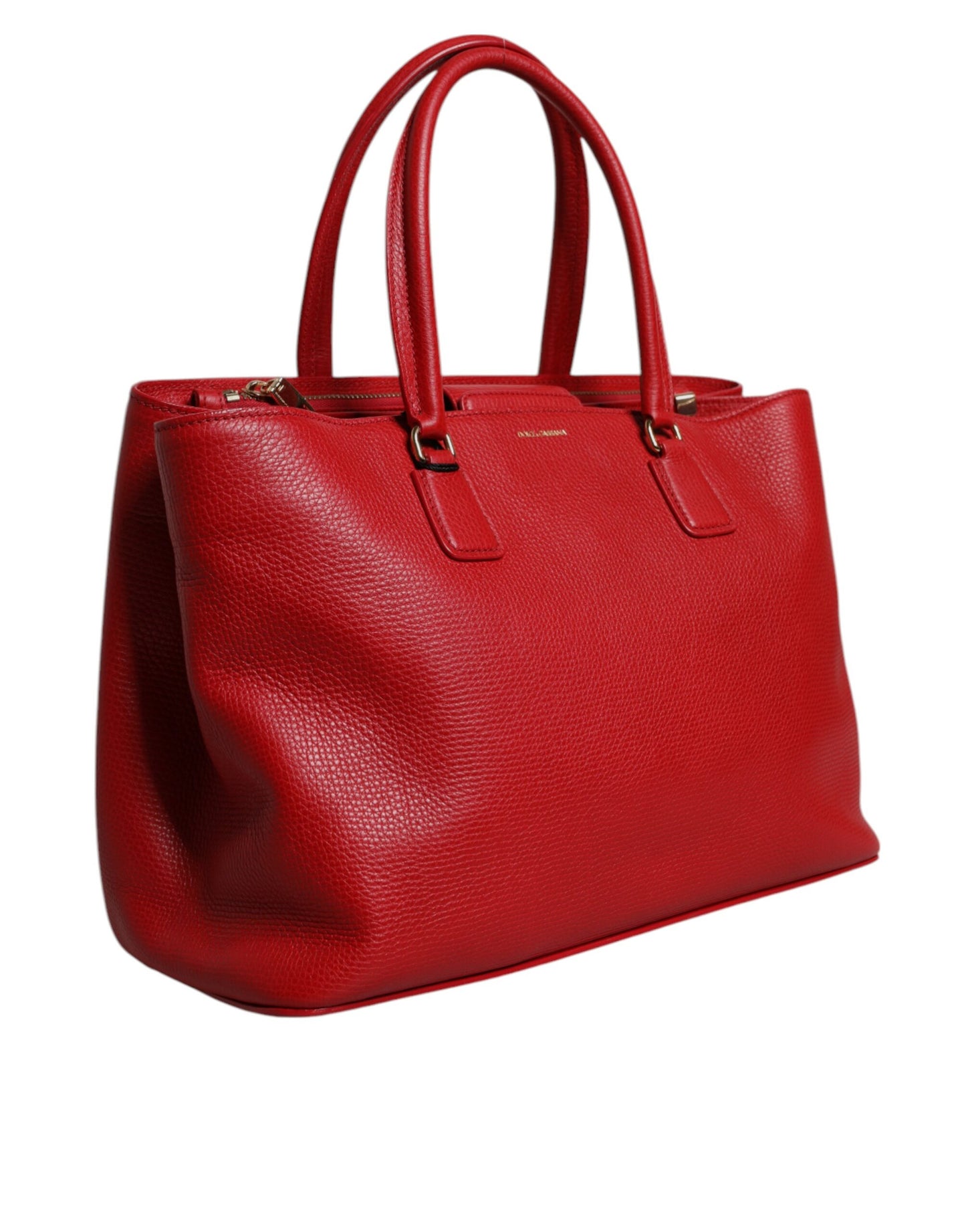 Bolso de mano con asa superior y placa con el logotipo en piel de becerro roja