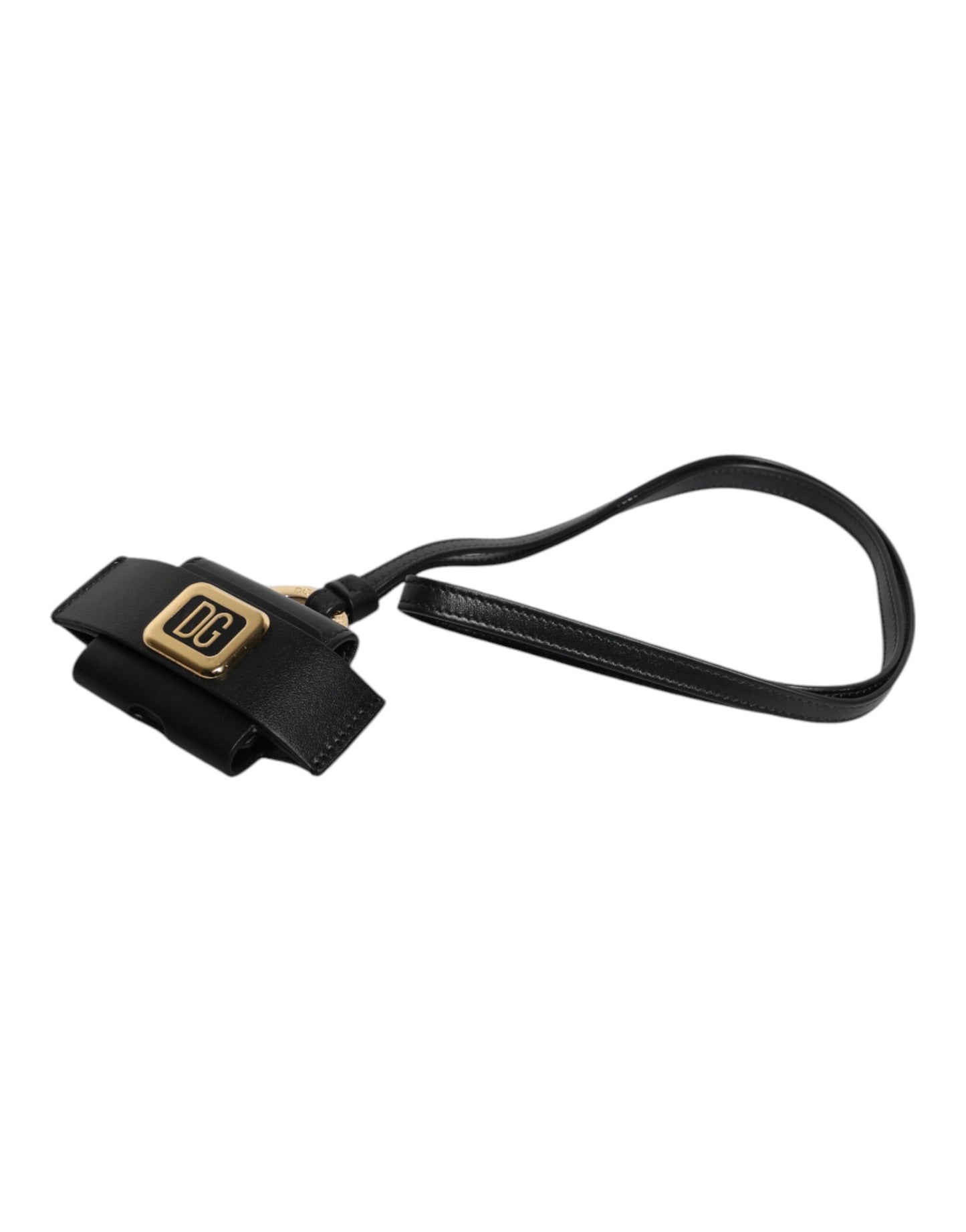 Estuche para AirPods con correa de cuero negra y placa de logotipo de metal dorado