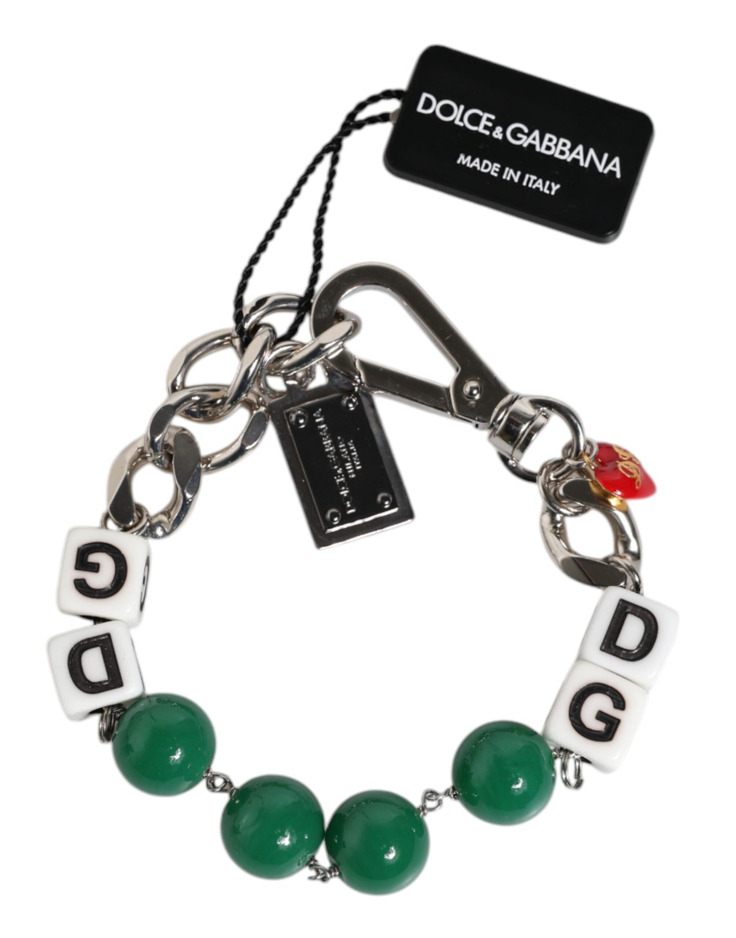 Pulsera con dije de dados de latón en tono plateado con logotipo