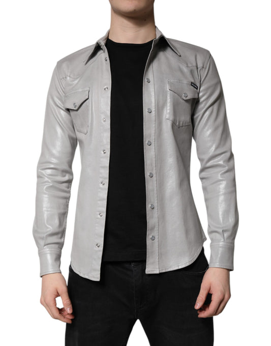 Chemise boutonnée en coton gris métallisé