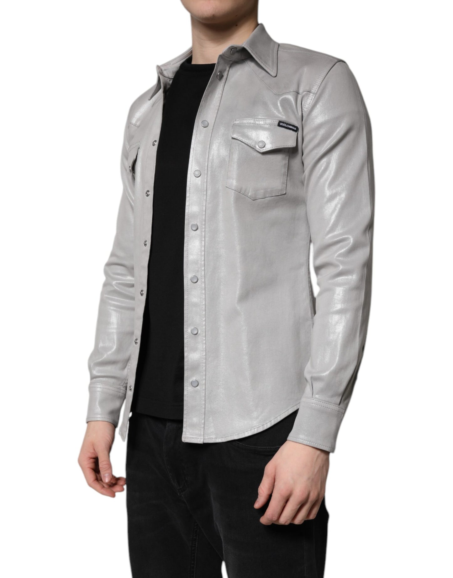 Camisa de algodón gris metalizado con botones