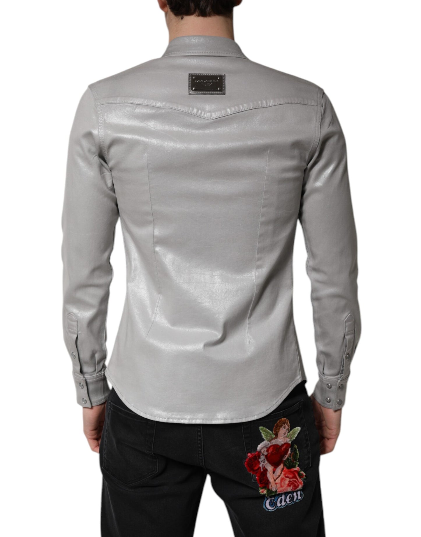 Camisa de algodón gris metalizado con botones