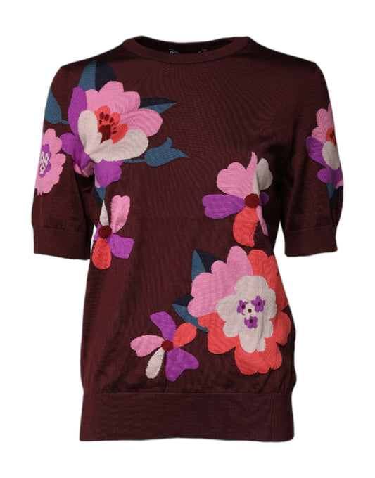 Blusa de seda con cuello redondo y estampado floral color granate