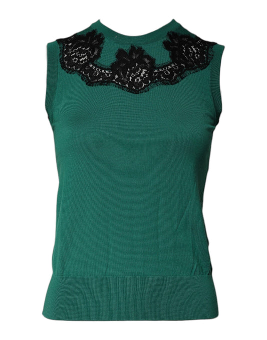 Camiseta sin mangas con detalle de encaje de lana verde