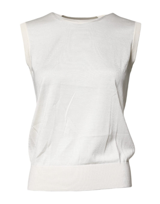 Camiseta sin mangas de seda color crema con cuello redondo