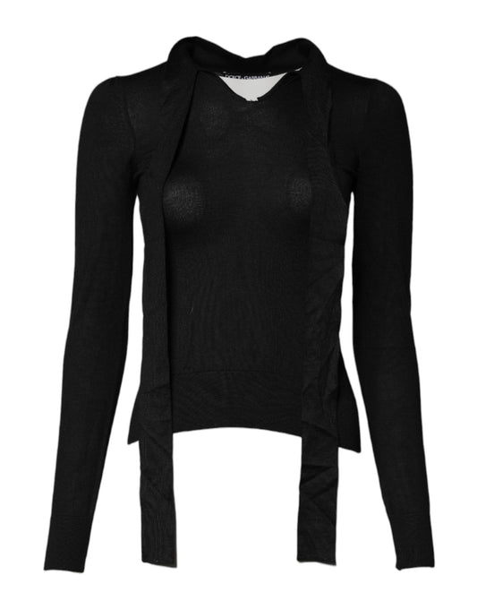 Top de manga larga con cuello Ascot de cachemira negra