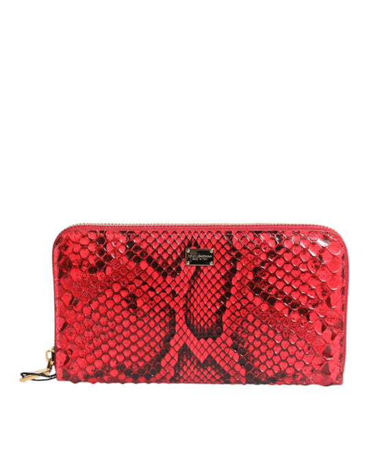 Cartera de mano continental con cremallera en cuero exótico rojo
