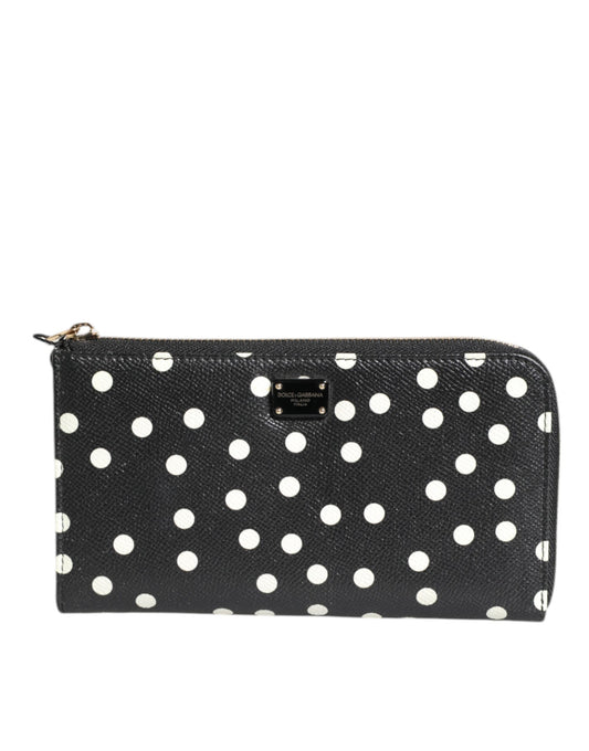 Cartera continental de cuero con cremallera y lunares blancos y negros