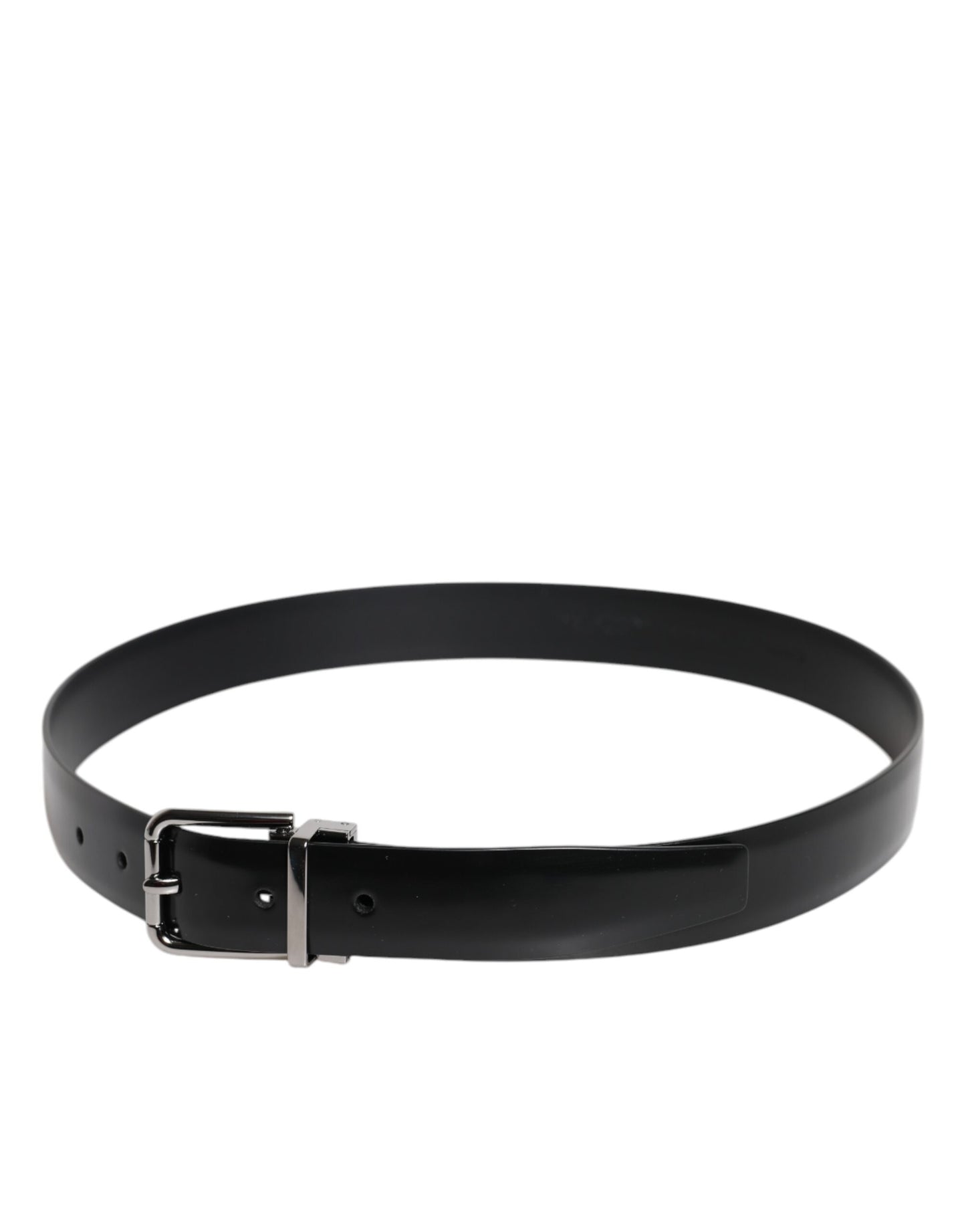 Ceinture en cuir noir brillant avec boucle en métal argenté