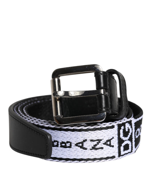 Ceinture à boucle en métal avec logo imprimé noir et blanc